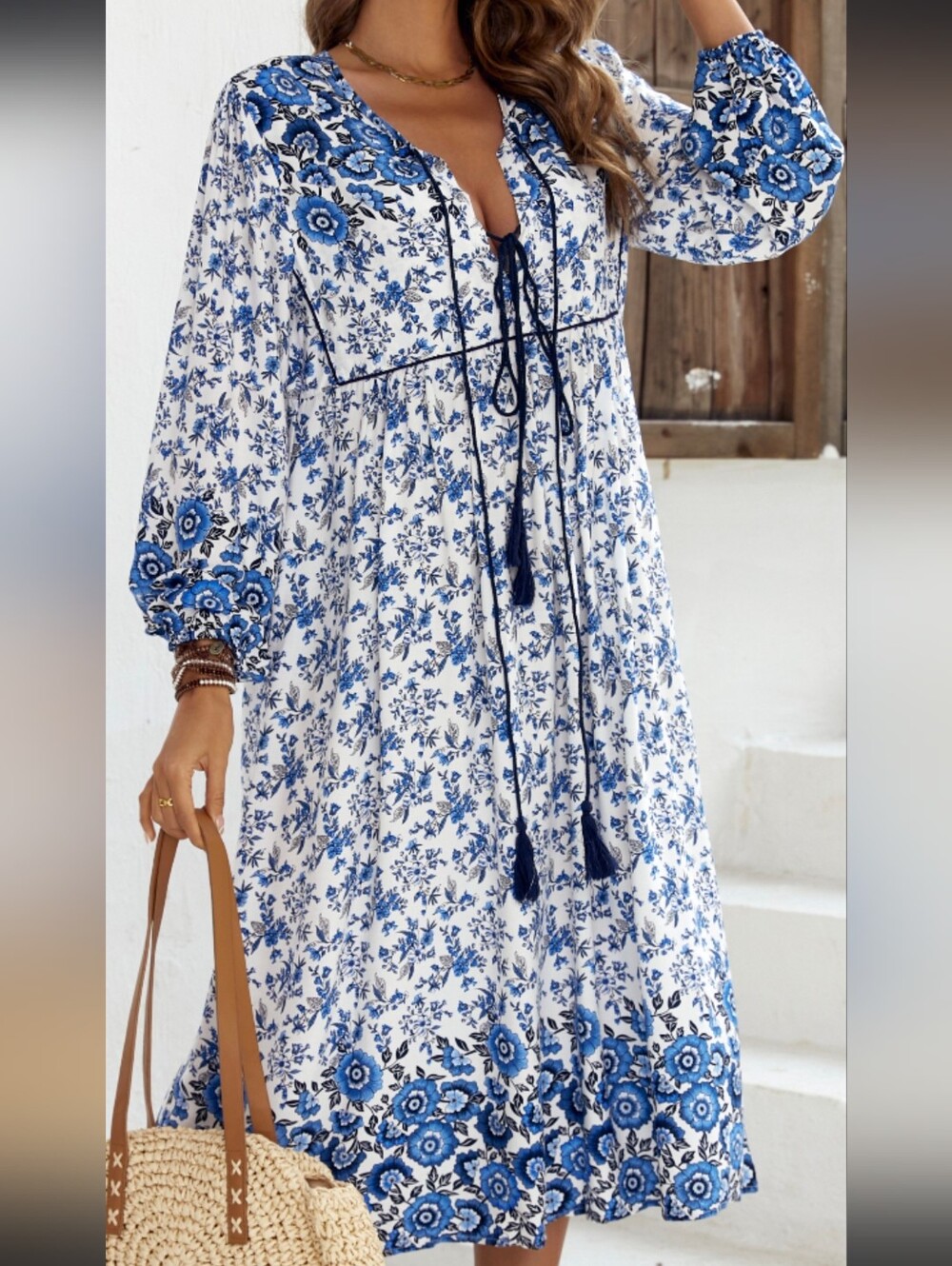 R.Vivimos Women's Long Sleeve Floral Print Retro V Neck Tassel Bohemian Midi